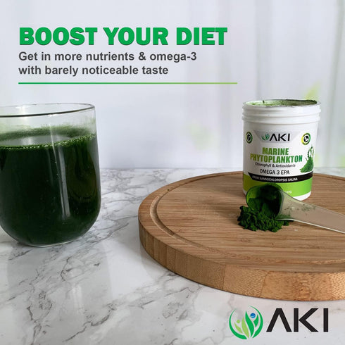 AKI Marine Phytoplankton Powder | Source of Raw Omega-3 EPA Micro Algae Nannochloropsis - Plant Based Proteins, Vitamins for Overall Wellness | Co...