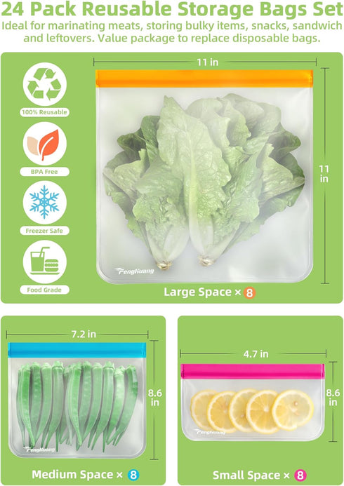 24 Reusable Food Storage Bags, Freezer Bags with Pack BPA FREE (8 Reusable Gallon Bags+8 Leakproof Reusable Sandwich Bags+8 Food Grade Snack Bags)...