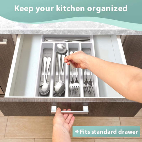 Silverware Organizer with Icons?Plastic Cutlery silverware Tray for Drawer?Utensil Flatware Tableware Organizer for Kitchen with Non-slip TPR,Fits...