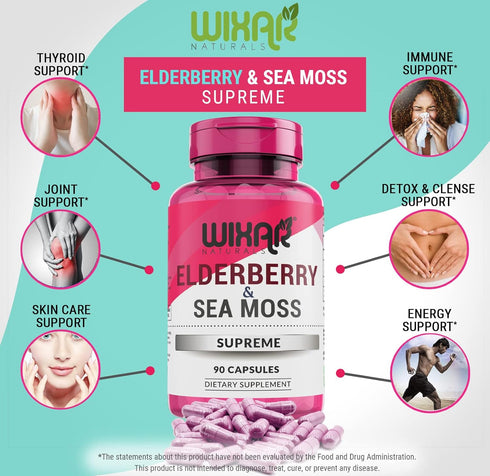 Elderberry and Sea Moss Supreme Capsules - Natural Black Elderberries with Wildcrafted Sea Moss Pills - 90 Capsules - Antioxidants - Herbal Supple...