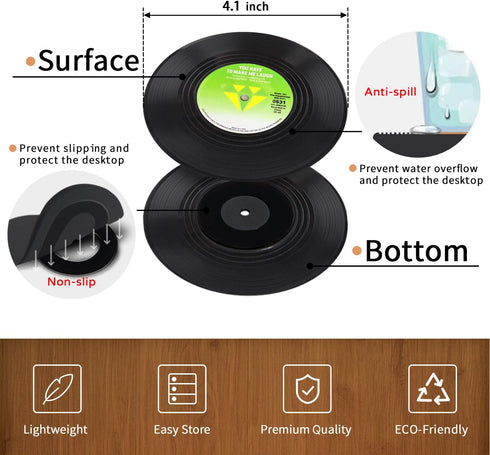 Funny Retro Record Coasters for Drinks with Vinyl Player Holder for Music Lovers,Set of 6 Conversation Piece Sayings Drink Coaster,Housewarming Ho...