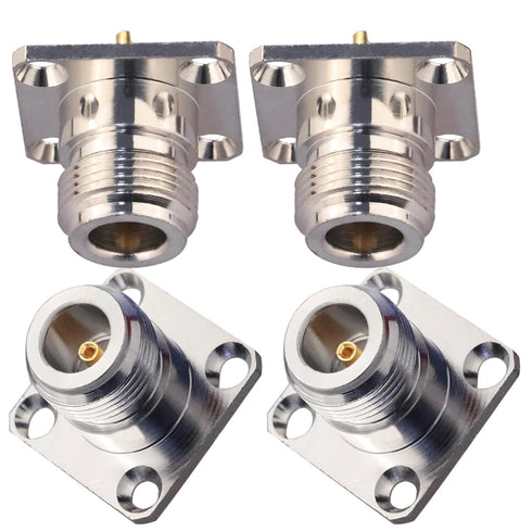 N-Type Socket - Nickel-Plated, Gold-Plated Copper Center, Solder Type, 4 Mounting Holes, 4-Pack, for PCB, Chassis, and Back Panels...