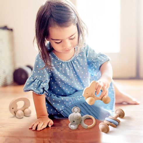 Wooden Baby Rattle 3 PCS Push Car Rattle Set Crochet Rattle Ring Wooden Montessori Toy for Newborn Infant Baby Gifts (Rabbit Rattle)...
