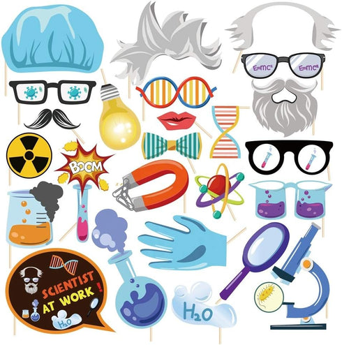 25Pcs Science Photo Booth Props with Stick, Mad Scientist Selfie Props, Chemistry Laboratory Party Supplies, Lab Birthday Theme Backdrop Decoratio...