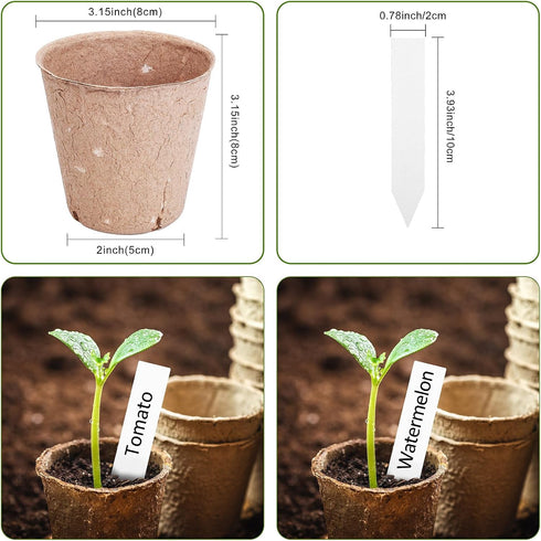 Peat Pots for Seedlings 3.15 Inch, Biodegradable Round Seed Starter Pots with 10 Plant Labels for Garden Germination, Nursery Pot with Drainage Ho...