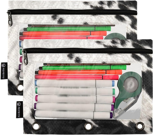 Cow Skin Print Pencil Pouch Fits standard 3-ring binders, Zipper Binder Pencil Bag with Clear Window for Class Office 2 Pack...