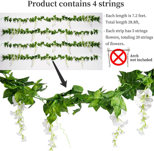 Mavee Artificial Wisteria Vine Garland Hanging Decor - 28.8ft Silk Flowers with Ivy Leaves (4x7.2ft) for Wedding, Home Floral Arrangements - White...