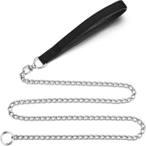Metal Dog Leash, Integrated Dog Collar and Leash, 4ft Chew Proof Dog Chain Leash with P Chain Slip, Heavy Duty Sturdy Pet Dog Leash with Padded Ha...