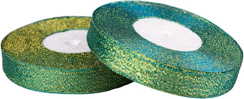 Feyarl Sparkly Green Ribbon 5/8-inch Wide by 50-yards(2 rolls X 25yd) Premium Metallic Glitter Ribbon for Christmas, Crafters, Holiday, Home Deco,...