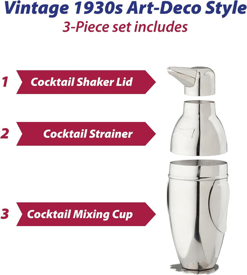 HIC Kitchen Bar Penguin Cocktail Shaker, 18/8 Stainless Steel, Mirror Finish, 3-Piece Set, Holds 18-Ounces...