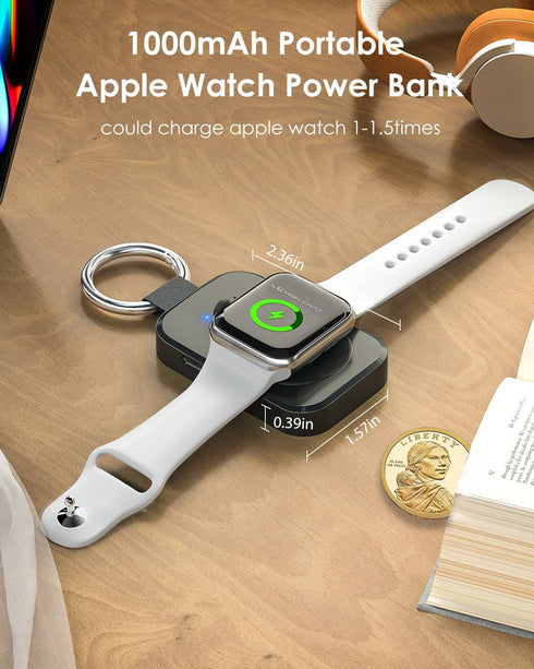 Portable Wireless Charger for Apple Watch Series 9/8/Ultra/7/6/5/4/3/2/SE,1000mAh iWatch Charger Magnetic Power Bank, Compact Travel Smart Keychai...