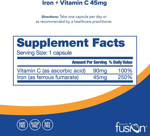 Bariatric Fusion Iron Supplement 45mg with Vitamin C | 1 Per Day | Vitamins for Women and Men | Gluten, Dairy and Soy Free | Non-GMO | 60 Count...