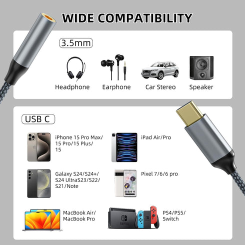 USB-C to 3.5mm Headphone Jack Adapter (2 Pack), USB-C to Aux Audio Dongle Cable, Compatible with iPhone 15 Pro Max/15 Pro/15, Samsung Galaxy S24/S...