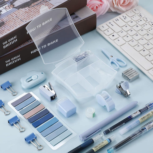 Mini Office Supply Kit Includes Stapler Tape Dispenser Staple Remover Paper Clips Scissor Staples Pen Sharpener Note Small Telescopic Knife for Of...