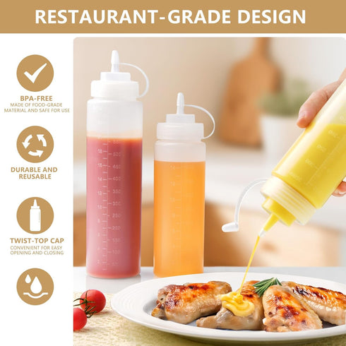 8 Pack 12 oz Plastic Squeeze Squirt Condiment Bottles with Cap Lids - Perfect for Condiments, Oil, Icing, Liquids–Set of 8 with extra 1 Silicone F...