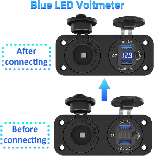 Cigarette Lighter Socket 12V Power Outlet, Qidoe Aluminum 40W Dual QC3.0 USB Charger Socket with LED Voltmeter Switch,150W DC Lighter Socket Water...