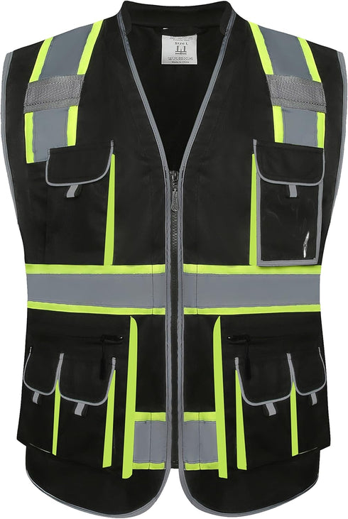 JKSafety 10 Pockets Hi-Vis Zipper Front Black Safety Vest | Cushioned Collar | High Reflective Tapes with Extended Neon Yellow Strips | Meets ANSI...