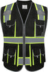 JKSafety 10 Pockets Hi-Vis Zipper Front Black Safety Vest | Cushioned Collar | High Reflective Tapes with Extended Neon Yellow Strips | Meets ANSI...