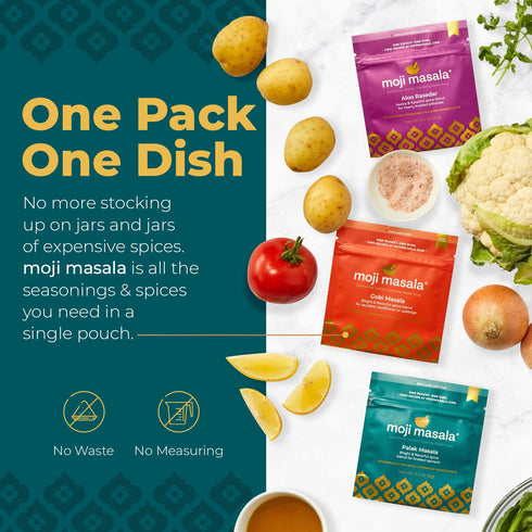 moji masala Indian Spice Kits – Palak Masala, Gobi Masala, Aloo Rasedar Spice Blend – Mixes for Authentic Indian Food at Home – Variety of Seasoni...