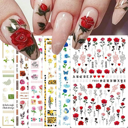 Flower Nail Art Stickers Decals 6Sheets Spring Rose 3D Self-Adhesive Nail Stickers Flowers Rose Butterfly Design Nail Decals for Nail Art Women Gi...