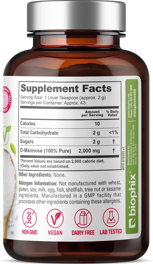 biophix Pure Mannose 100 Percent Powder 2000 mg 3 oz 85 Grams - Supports Urinary Bladder Tract Health...