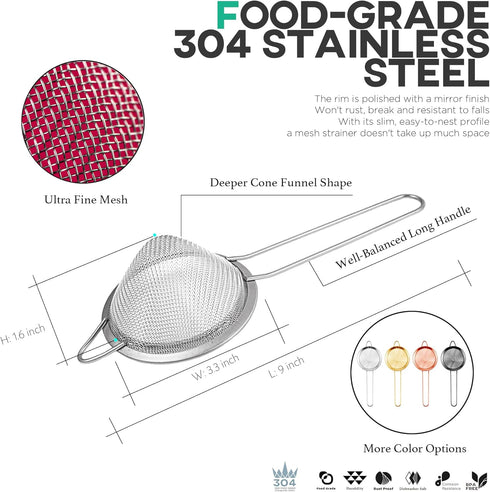 Homestia 2 Piece 3.3" Fine Mesh Strainer for Kitchen, 304 Stainless Steel Cocktail Sieve Sifters for Food, Liquid Strainer for Drinks, Tea, Coffee...