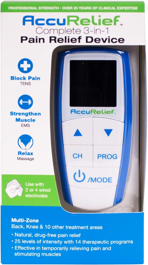 AccuRelief Complete 3-in-1 TENS Unit, EMS, Massager Device - Pain Relief Electric Muscle Stimulator with 4 Electrodes for Neck, Back, and Full Bod...