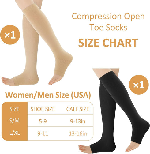 2 Pairs Women's Open Toe Compression Socks, 15-20 Mmhg Compression Stockings Toeless Compression Socks Knee High Compression Socks for Women Girls...