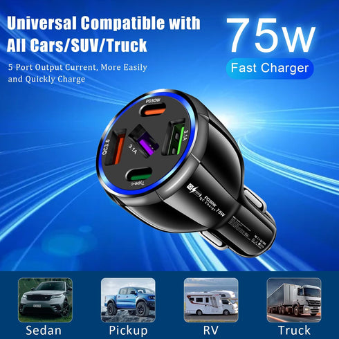 3 USB+2PD Car Charger Adapter Fast Charging,75W USB C Car Charger, 5 Port Type A Cigarette Lighter USB Charger for iPhone/Android/Samsung Galaxy S...