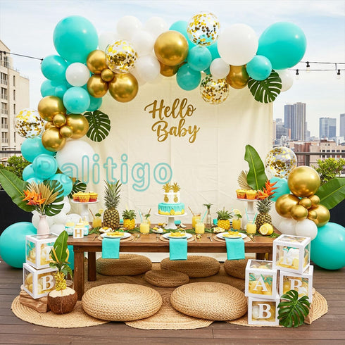 Teal Balloon Garland Kit with Gold Butterflies – Turquoise, Blue and Green, White & Gold Balloons in 18", 12", 5" Sizes – for Graduation, Baby Sho...
