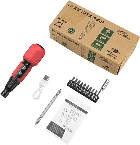 AMIR Cordless Screwdriver, Rechargeable Electric Screwdriver Sets, Portable Automatic Home Repair Tool Kit with USB Cable and LED Lights, Red...