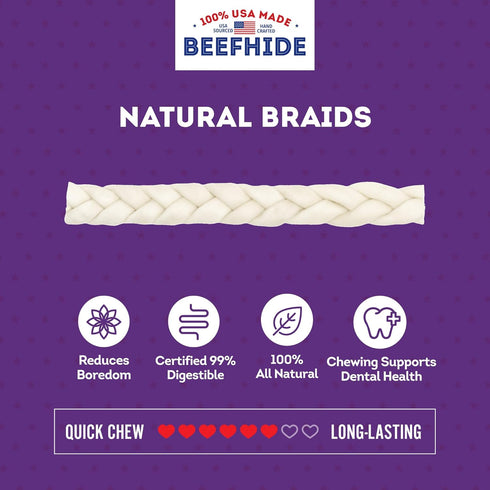 USA Beefhide Braids 12-13" Dog Chew Treats - Natural Flavor, 2 Count/1 Pack...