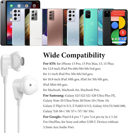 USB C Headphones for iPad Pro iPhone 15 Pro,USB Type C Earphones HiFi Stereo USB C Wired Earbuds with Microphone Volume Control for Samsung S23 Ul...