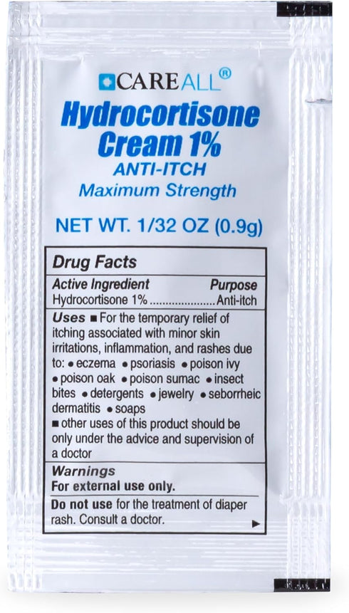 CareAll Hydrocortisone Cream 1% (144 Pack), 0.9gr Foil Packet. Maximum Strength Formulation, Anti-Itch Rash Skin Cream Relieves Itching, Eczema, I...
