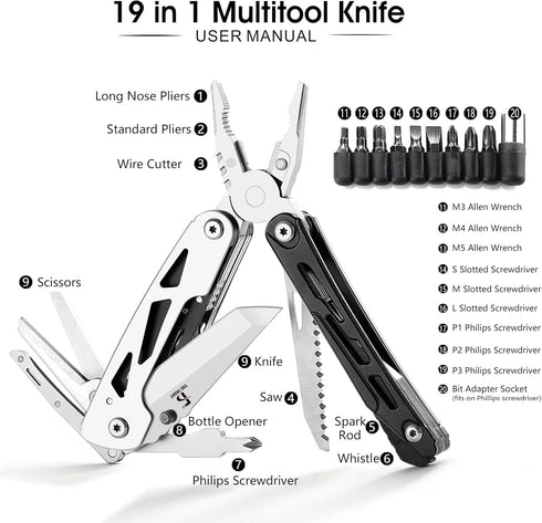 THE FRONT Multitool 19 in 1 Multitools Pliers with Detachable Scissors, Survival Utility Multi-tool Camping Tactical Knife Gift for Men...