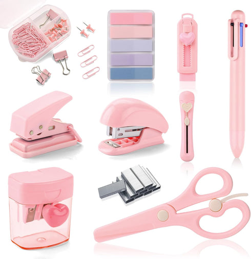 Pink Mini Office Supply Kit Mini School Supplies Desk Accessory Set Includes Mini Stapler Pencil Sharpener Staple Remover Hole Punch Ballpoint Pen...