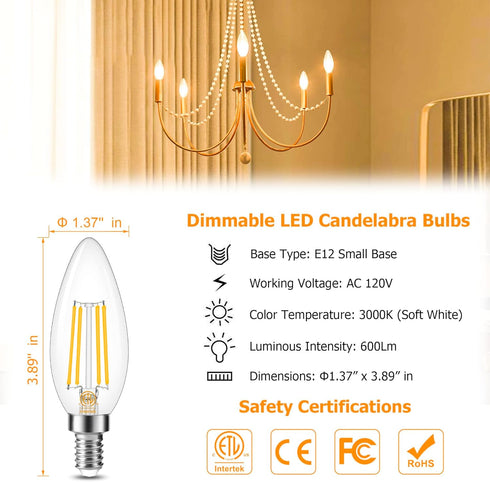 Cotanic E12 LED Bulb Dimmable 3000K Soft White, LED Candelabra Bulbs 60Watt Equivalent, Small Base Type B Light Bulbs, Candle Shape Chandelier Lig...