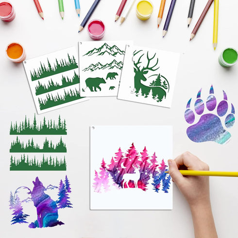10 PCS Bear Deer Wolf Mountain Stencil Pine Tree Wildlife Forest Animal Stencils Template Wood Burning Stencils Reusable Patterns Moon Claw Stenci...