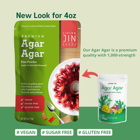 LIVING JIN Agar Agar Powder, 4 oz. Kosher, Plant-Based Gelatin Powder, Vegan Agar Agar, Vegan Jello, Sugar-Free, 100% Natural Red Algae...