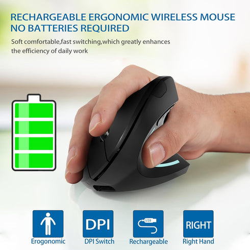 Bluetooth mouse,Type-c and USB 2.4G Wireless Vertical Mouse Rechargeable Ergonomic mouse, 800/1200 /1600 DPI, 5 Buttons for Laptop, Desktop, PC, M...