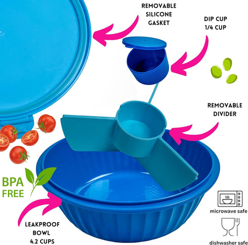 Yumbox® Poke Bowl, Leakproof Salad Bowl with lid, Removable 3-Section Divider, 4.2 Cups Volume, Easy-Open Triple Latches; removable and built-in t...