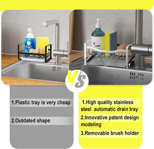Kitchen Sink Caddy Organizer Sponge Holder for Kitchen Sink with Stainless Steel Auto Drain Tray, Self Drain Dish Soap Sponge Caddy Rack for Kitch...