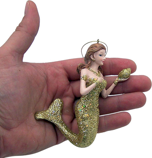 Mermaid Christmas Ornament, Glittery Holiday Decoration, Nautical Theme, 4.5 Inches (Gold Tone Mermaid)...