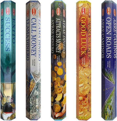 Hem Incense Sticks Variety Pack #5 and Incense Stick Holder Bundle with 5 Money and Success Themed Fragrances...