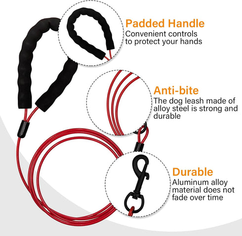 Stainless Steel Water and Chew Proof Dog Leash with Hooks for Large, Medium and Small Dogs 5Ft Wire Alloys Camping with Soft Handle(Red)...