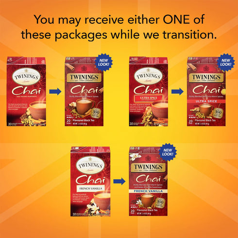 Twinings Chai Tea Variety 3-Pack – Chai, Ultra Spice Chai, and French Vanilla Chai, Caffeinated Black Tea Bags, 20 Count Each...