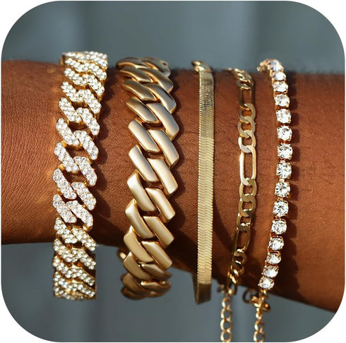 Gold Bracelets for Women, 14K Gold Plated Bracelets Sets for Women, 13mm/14mm Cuban Chain Bracelet Layered Link Chain Bracelets Pack Jewelry Full ...