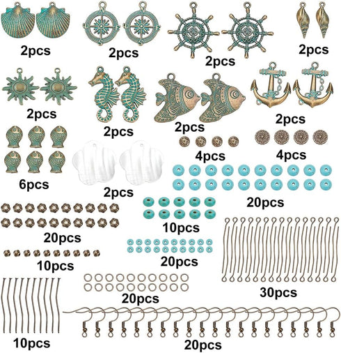 SUNNYCLUE 1 Box DIY 10 Pairs Bohemian Vintage Turquoise Dangle Earrings Set Retro Boho Ocean Theme Jewellery Making Kit Shell Seahorse Charms Holl...
