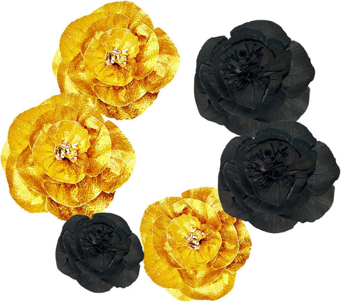 3D Paper Flowers Gold Black Graduation Craft Paper Flowers,6PCS Paper Pom Pom Backdrop Photo Booth for Baby Shower Decor Centerpiece Wedding Birth...