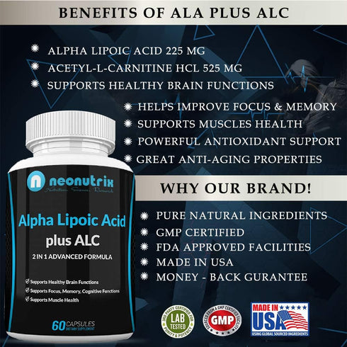 Alpha Lipoic Acid Plus Acetyl L-Carnitine Antioxidant Supplement ALA ALC for Healthy Brain Function & Muscle Strength, Focus, Memory & Cognitive F...